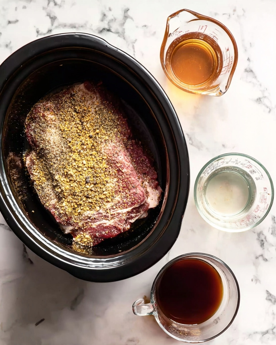 The image shows a large black slow cooker with a thick piece of raw meat inside, covered with a mix of coarse spices in yellow, brown, and black colors. The meat has a slightly pink and red tone with visible texture and fat. Around the slow cooker on a white marbled surface, there are three clear glass measuring cups, one filled with a dark brown liquid, one with a clear liquid, and one nearly empty. The arrangement is simple and clean, with the focus on the raw meat and spices in the slow cooker. Photo taken with an iphone --ar 4:5 --v 7