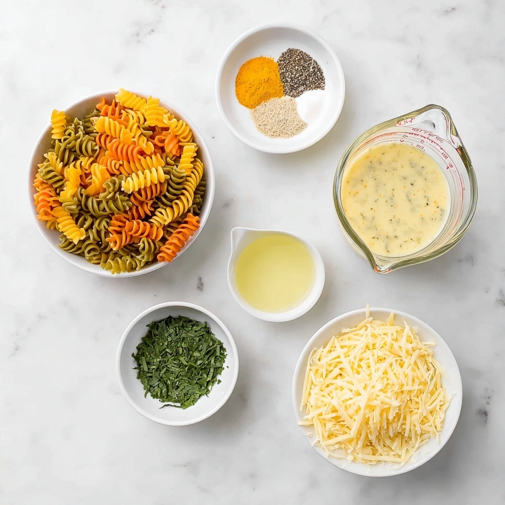 The image shows six ingredients arranged on a white marbled surface, all viewed from above in a square format. On the left is a white bowl filled with dry tri-color rotini pasta in yellow, orange, and green colors. Above it is a white bowl with four spices neatly divided: yellow garlic powder, white salt, light beige onion powder, and black pepper. To the right of the pasta is a clear glass measuring cup filled with a creamy light yellow sauce with flecks of herbs. Below the sauce is a white bowl with a pale yellow liquid, likely melted butter or oil. To the bottom left is a white 1/4 cup measuring cup holding chopped green herbs. On the bottom right is a white bowl filled with finely shredded pale yellow cheese. The setup is clean and bright, with no hands or utensils. Photo taken with an iphone --v 7