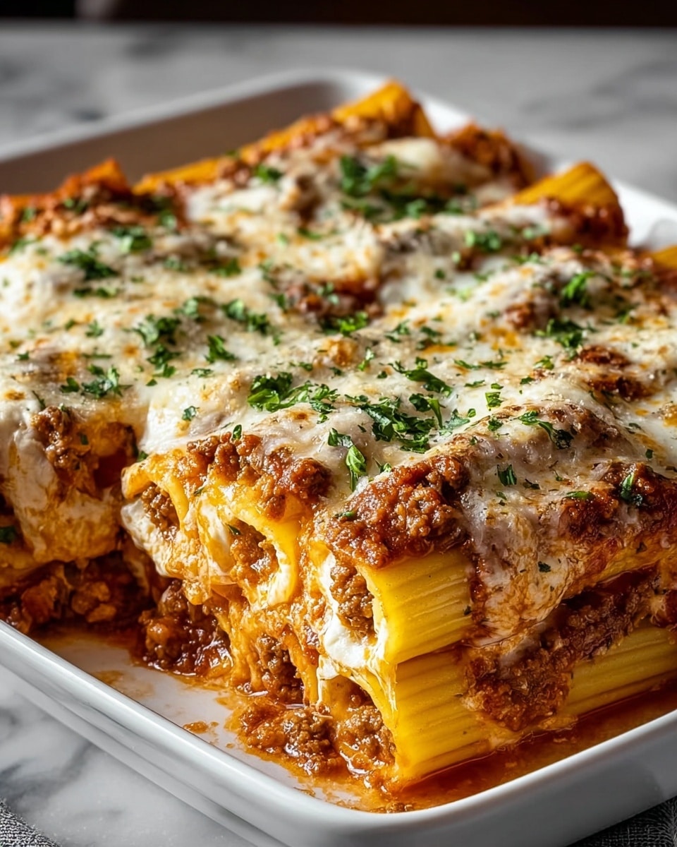 Large white rectangular baking dish filled with a classic baked manicotti pasta, each tube generously stuffed with rich seasoned ground beef and ricotta cheese, slathered with vibrant marinara sauce and melted mozzarella cheese evenly spread on top, sprinkled with fresh chopped parsley, the entire uncut dish photographed at a 3/4 angle on a white marble countertop, natural lighting highlighting the texture and colors, professional food styling photo taken with an iphone --ar 4:5 --v 7