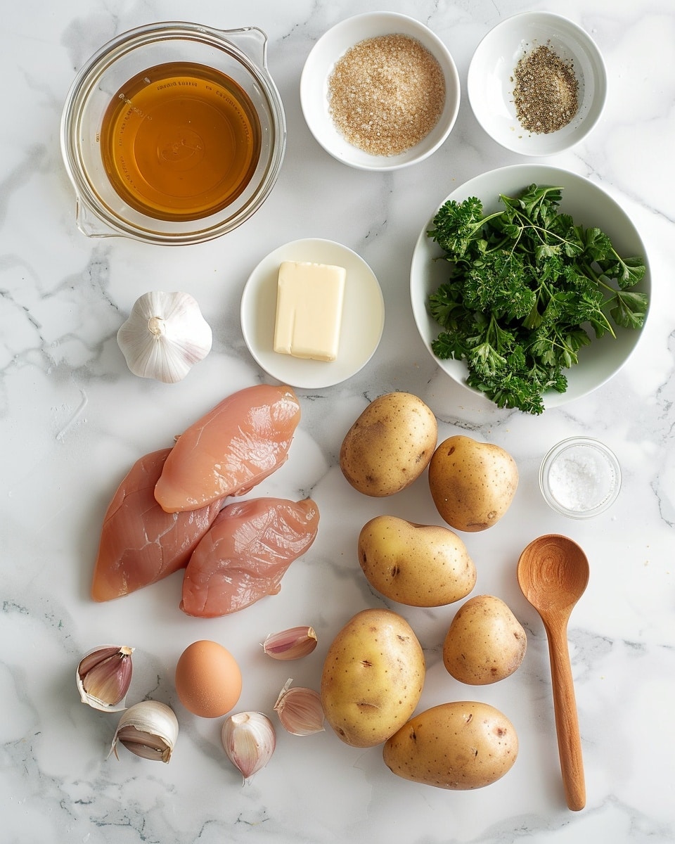 Single white shallow bowl with one grilled chicken thigh portion resting on a creamy mound of mashed potatoes, close-up angle revealing the crispy, herb-crusted skin of the chicken with visible seasoning and a glossy, rich brown sauce drizzled over the meat and potatoes, garnished with fresh chopped parsley scattered on top, natural lighting highlighting the moist texture of the chicken and fluffy interior of the mashed potatoes, placed on a white marble surface, intimate plated serving photo taken with an iphone --ar 4:5 --v 7