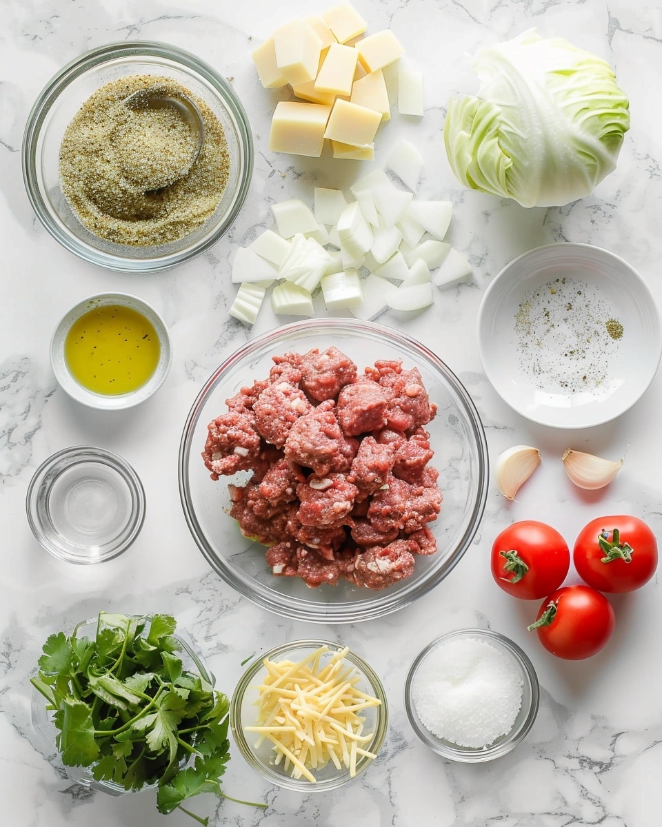 Single white plate holding a generous portion of cheeseburger casserole, layered with browned ground beef, golden roasted potato pieces, melted cheddar cheese, diced onions, and shredded lettuce, topped with a drizzle of creamy special sauce, close-up angled shot revealing texture of tender meat and soft potatoes with sauce cascading slightly, all placed on a white marble surface under natural lighting, styled as a plated serving ready to eat, photo taken with an iphone --ar 4:5 --v 7