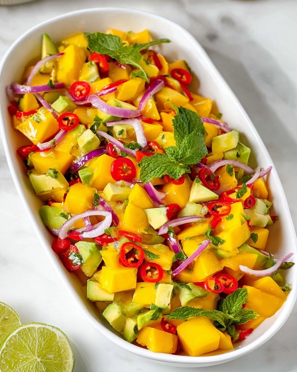Large white oval serving dish filled with vibrant mango avocado salsa, showcasing bright yellow mango chunks, creamy green avocado pieces, crisp red bell pepper cubes, thin slices of red onion, and red chili rings, all garnished with fresh mint leaves, arranged beautifully for a colorful, fresh presentation, photographed from above on a white marble countertop with natural lighting, professional food styling photo taken with an iphone --ar 4:5 --v 7