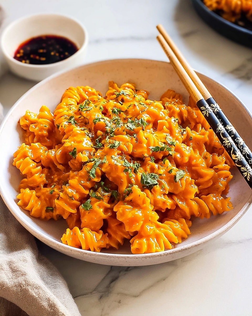 Large white bowl filled with a generous serving of creamy pumpkin pasta made with corkscrew rotini, coated evenly in a rich, smooth pumpkin sauce and sprinkled with finely chopped fresh parsley, accompanied by a small white ramekin of thick, vibrant red sauce, shot from a 3/4 angle on a white marble countertop with natural lighting, capturing the whole dish in a professional food magazine style, photo taken with an iphone --ar 4:5 --v 7