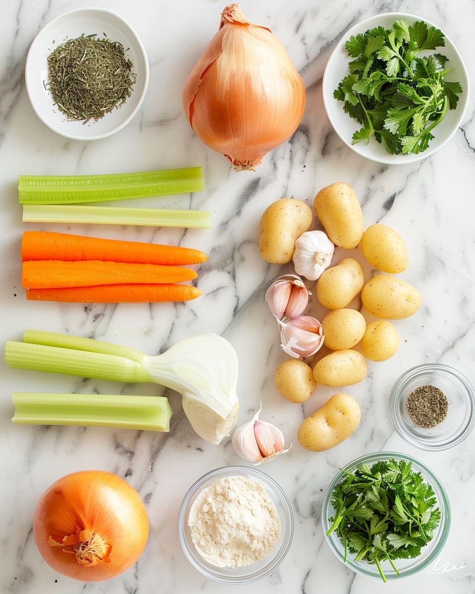 Single white bowl with a plated serving of hearty chicken and vegetable stew featuring tender chunks of chicken, halved red and yellow potatoes, chunky carrot pieces, diced celery, and onions immersed in a golden, herb-speckled broth, fresh parsley garnish sprinkled on top, close-up angled view emphasizing the texture and layered ingredients, natural light on a white marble surface, intimate food blog style photo taken with an iphone --ar 4:5 --v 7