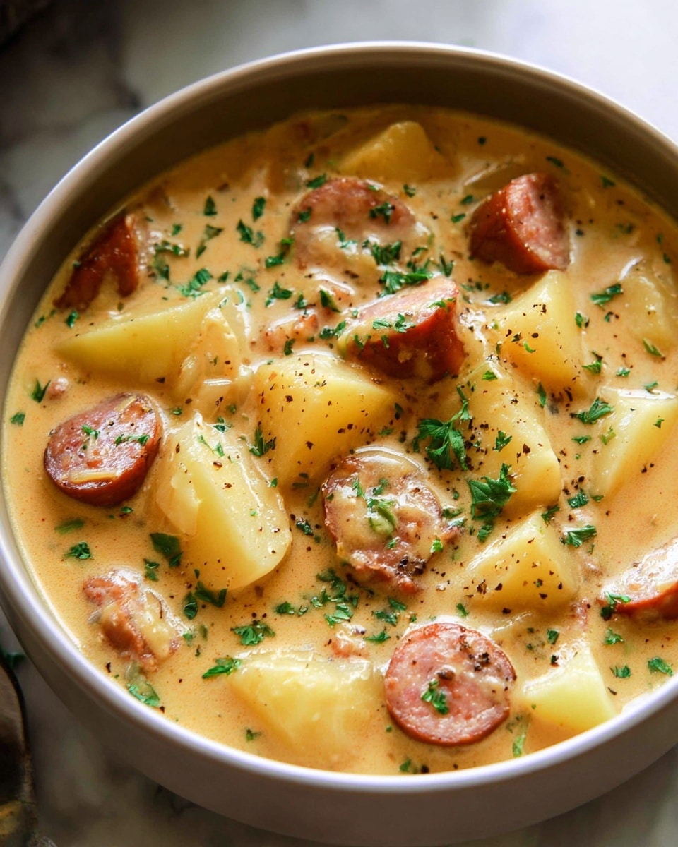 Large white ceramic bowl filled with a creamy, hearty potato and sausage stew, showcasing plump chunks of golden potatoes and evenly sliced, browned sausage pieces immersed in a rich, thick broth speckled with fresh chopped parsley and cracked black pepper, entire dish presented at a 3/4 angle on a white marble countertop, natural lighting highlighting the textures and colors for a professional food magazine hero shot, photo taken with an iphone --ar 4:5 --v 7