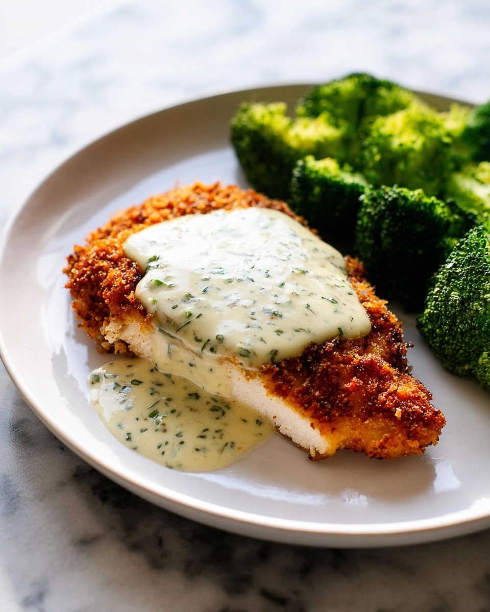 A large white dinner plate filled with a golden, crispy breaded chicken schnitzel generously glazed with a creamy, herb-infused dill sauce flowing smoothly over the top, accompanied by a vibrant portion of steamed broccoli florets arranged neatly beside it, whole dish presented in an inviting and complete manner, photographed from a slight 3/4 angle on a white marble countertop under natural lighting, professional food magazine hero shot, photo taken with an iphone --ar 4:5 --v 7