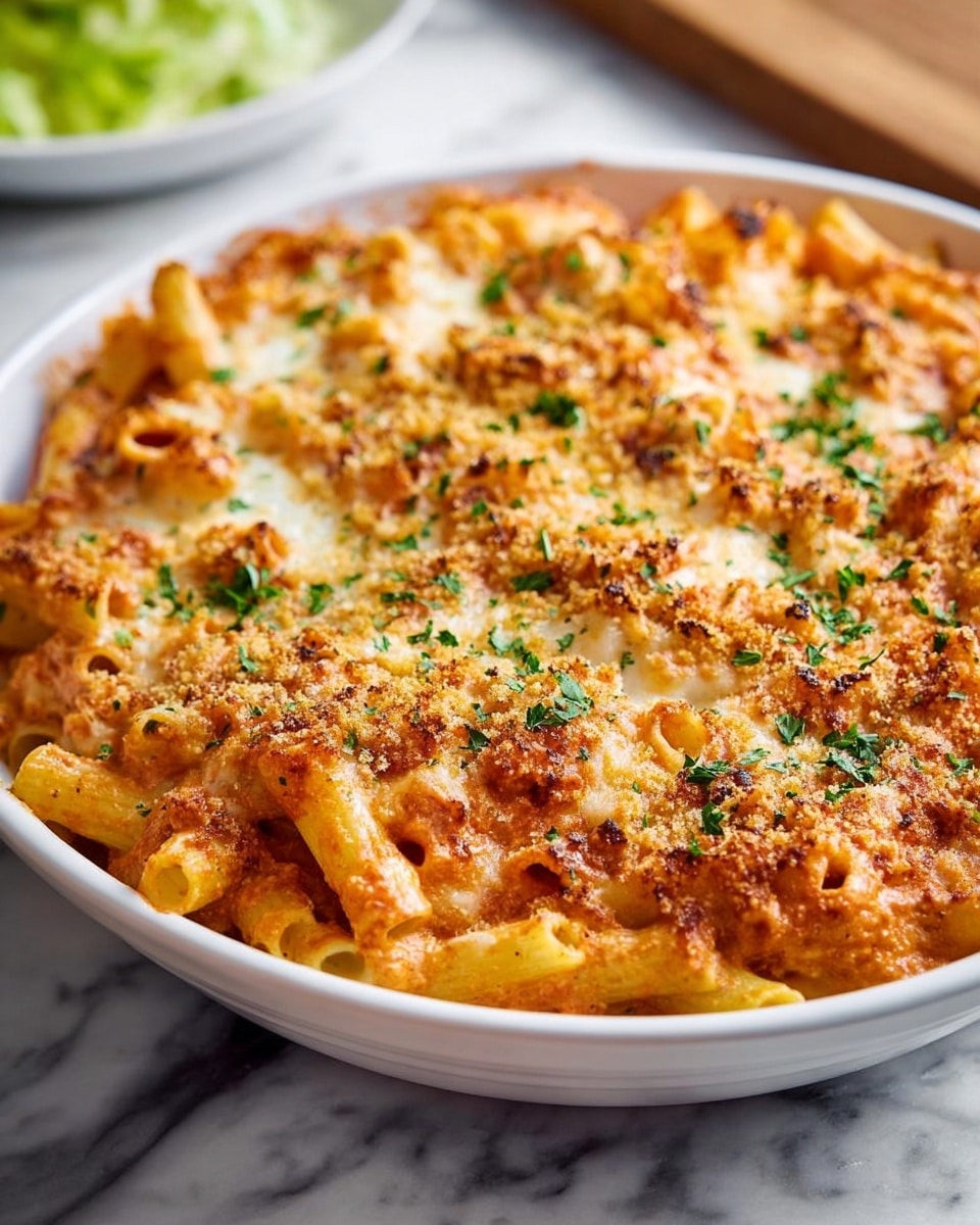 Large white ceramic baking dish filled with creamy baked ziti pasta, generously coated in rich tomato and cheese sauce, topped with a golden, melted layer of mozzarella and parmesan cheese, garnished with a sprinkle of fresh parsley and crisp toasted breadcrumbs, whole dish showcased from a 3/4 angle on a white marble countertop, natural lighting highlighting the warm, inviting textures, styled like a hero shot in a gourmet food magazine, photo taken with an iphone --ar 4:5 --v 7