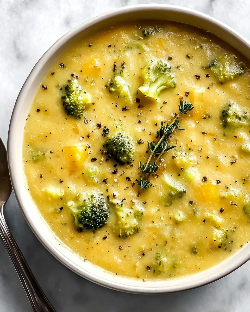 Large white soup bowl filled with a rich, creamy broccoli cheddar soup, showing chunks of broccoli florets, diced potatoes, and carrots in a smooth, velvety cheese broth, topped with a sprig of fresh thyme and a sprinkle of cracked black pepper, the whole dish presented from a 3/4 angle on a white marble countertop with natural lighting, professional food styling photo taken with an iphone --ar 4:5 --v 7