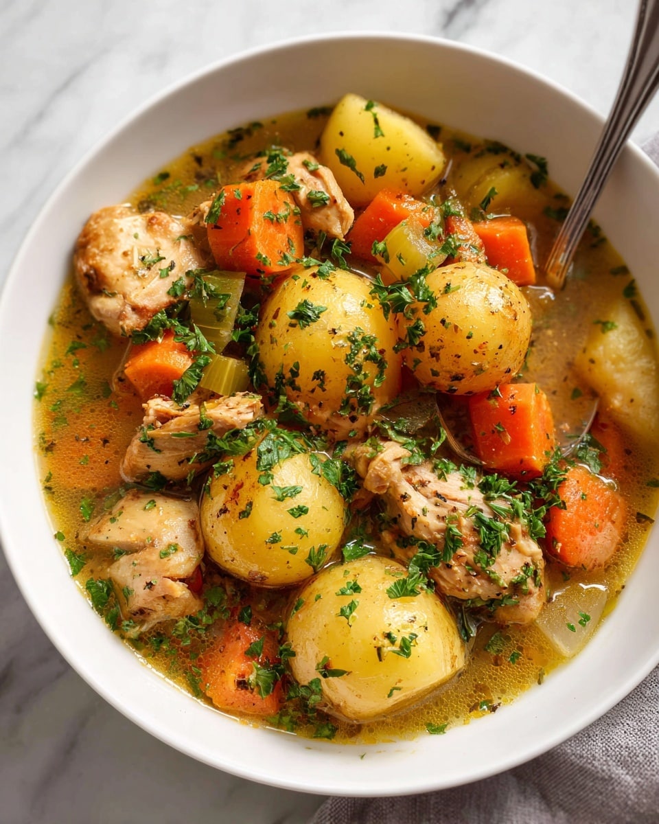 Large white Dutch oven filled with a hearty chicken stew, showcasing tender whole chicken pieces simmered with halved red and yellow baby potatoes, diced carrots, and celery in a rich, golden broth speckled with fresh parsley and black pepper, presented from a 3/4 angle on a white marble countertop with natural lighting, styled as a professional food magazine hero shot, photo taken with an iphone --ar 4:5 --v 7