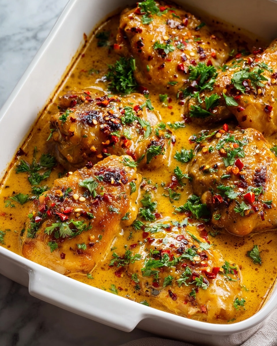 White rectangular ceramic baking dish filled with multiple golden-baked chicken pieces coated in a rich, creamy sauce infused with red chili flakes and garnished generously with chopped fresh green herbs and scallions, the entire dish showcased from a 3/4 angle on a white marble countertop under natural lighting, professional food magazine hero shot photo taken with an iphone --ar 4:5 --v 7