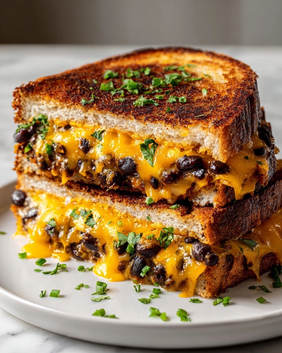 Large white plate holding a whole grilled cheese sandwich with black beans and melted sharp cheddar, the sandwich uncut and golden toasted to perfection, the cheese oozing slightly around the edges and scattered fresh green herbs on top and around the bread for garnish, shot from a 3/4 angle on a white marble countertop under natural lighting, styled to showcase the entire sandwich as a hero food magazine photo taken with an iphone --ar 4:5 --v 7