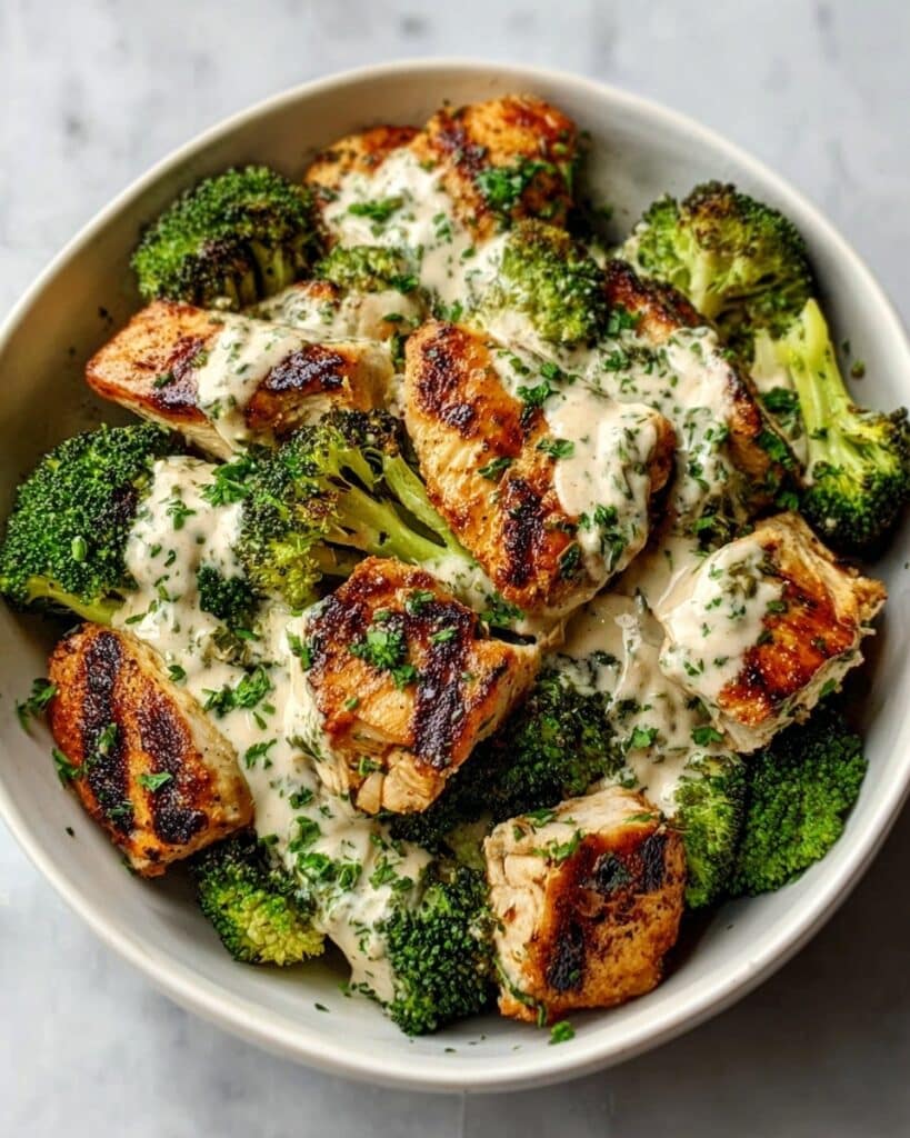Grilled Chicken and Broccoli Bowls with Creamy Garlic Sauce Recipe