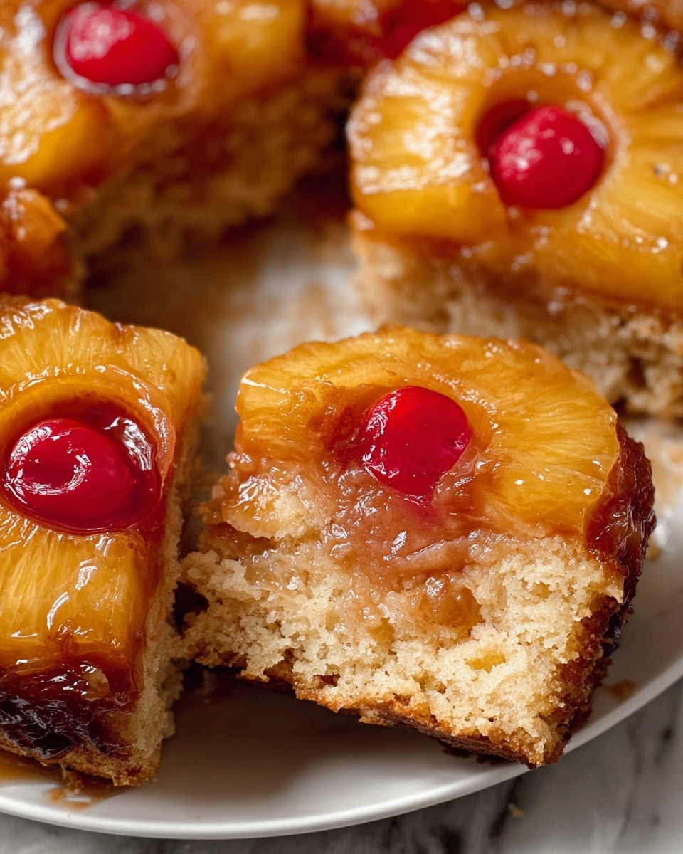 Rectangular white baking dish filled with a fully baked pineapple upside-down cake, showcasing an even arrangement of whole pineapple rings, each topped with bright red maraschino cherries, all glazed with a glossy, caramelized sugar coating and drizzled with a smooth vanilla icing that gently pools around the edges, emphasizing the golden brown cake beneath, photographed from above on a white marble surface with natural lighting, styled as a professional food magazine hero shot, photo taken with an iphone --ar 4:5 --v 7