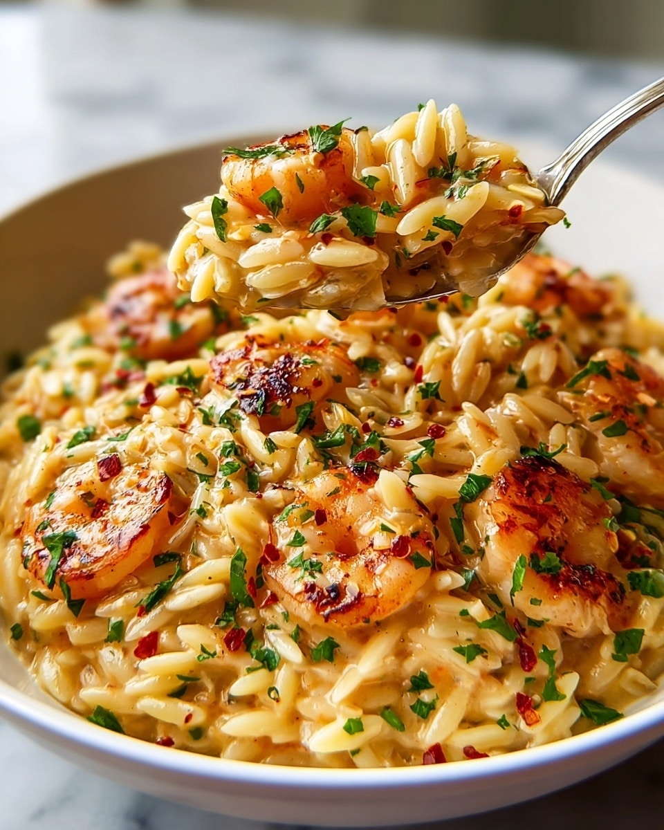 Large white serving bowl filled with a creamy, golden orzo pasta mixed with perfectly seared chunks of seasoned chicken, flecked with bright green parsley and red pepper flakes, showcasing a rich, glossy sauce coating the tender pasta and meat, whole dish photographed from a professional 3/4 angle on a white marble countertop with natural lighting, styled like a hero shot in a food magazine, photo taken with an iphone --ar 4:5 --v 7