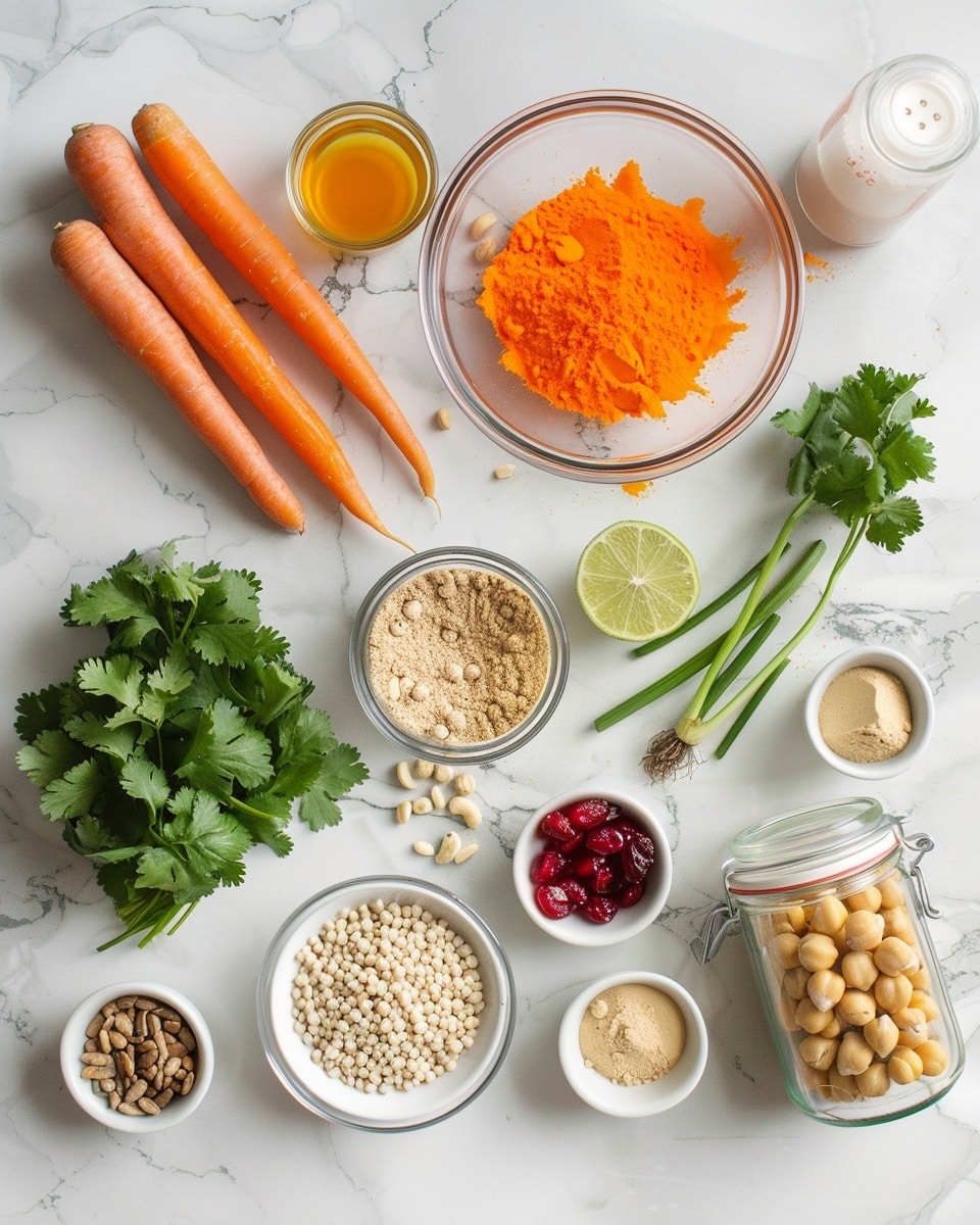 Single white bowl containing a vibrant serving of carrot salad with visible julienned carrot strands, whole cashews, chickpeas, glistening pomegranate seeds, and sprinkled fresh green herbs, close-up angled view highlighting the varied textures and colorful ingredients, slight sheen on the nuts and seeds, placed on a white marble surface with natural lighting, styled like a fresh and healthy plated portion from a food blog, photo taken with an iphone --ar 4:5 --v 7