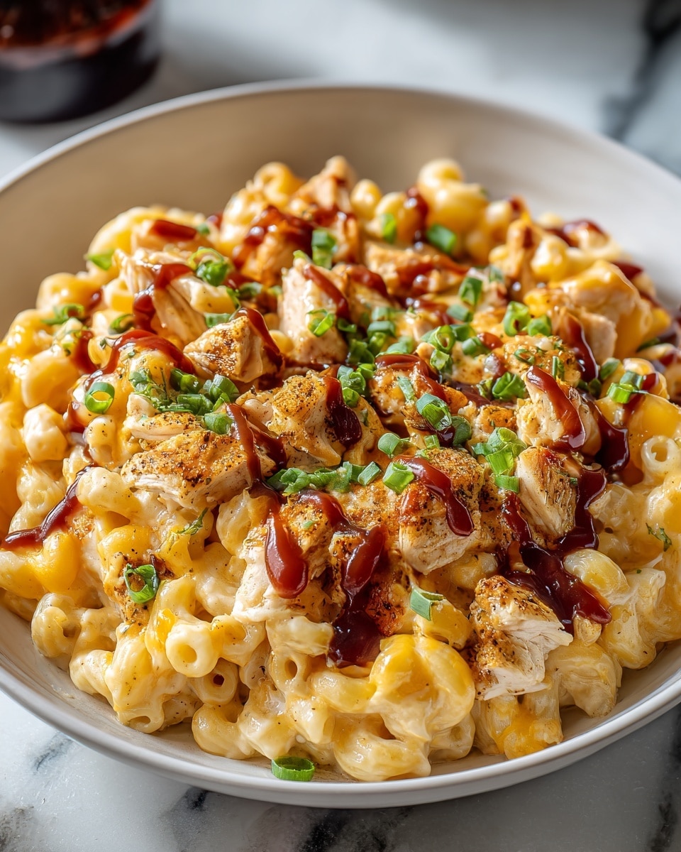 Large white ceramic baking dish filled with creamy baked macaroni and cheese made with curly elbow pasta, generously topped with golden melted cheddar cheese, tender chunks of seasoned chicken, and drizzled with rich barbecue sauce, garnished with finely chopped fresh scallions and a sprinkle of cracked black pepper, whole dish photographed from a 3/4 angle on a white marble countertop, natural lighting, professional food magazine hero shot, photo taken with an iphone --ar 4:5 --v 7