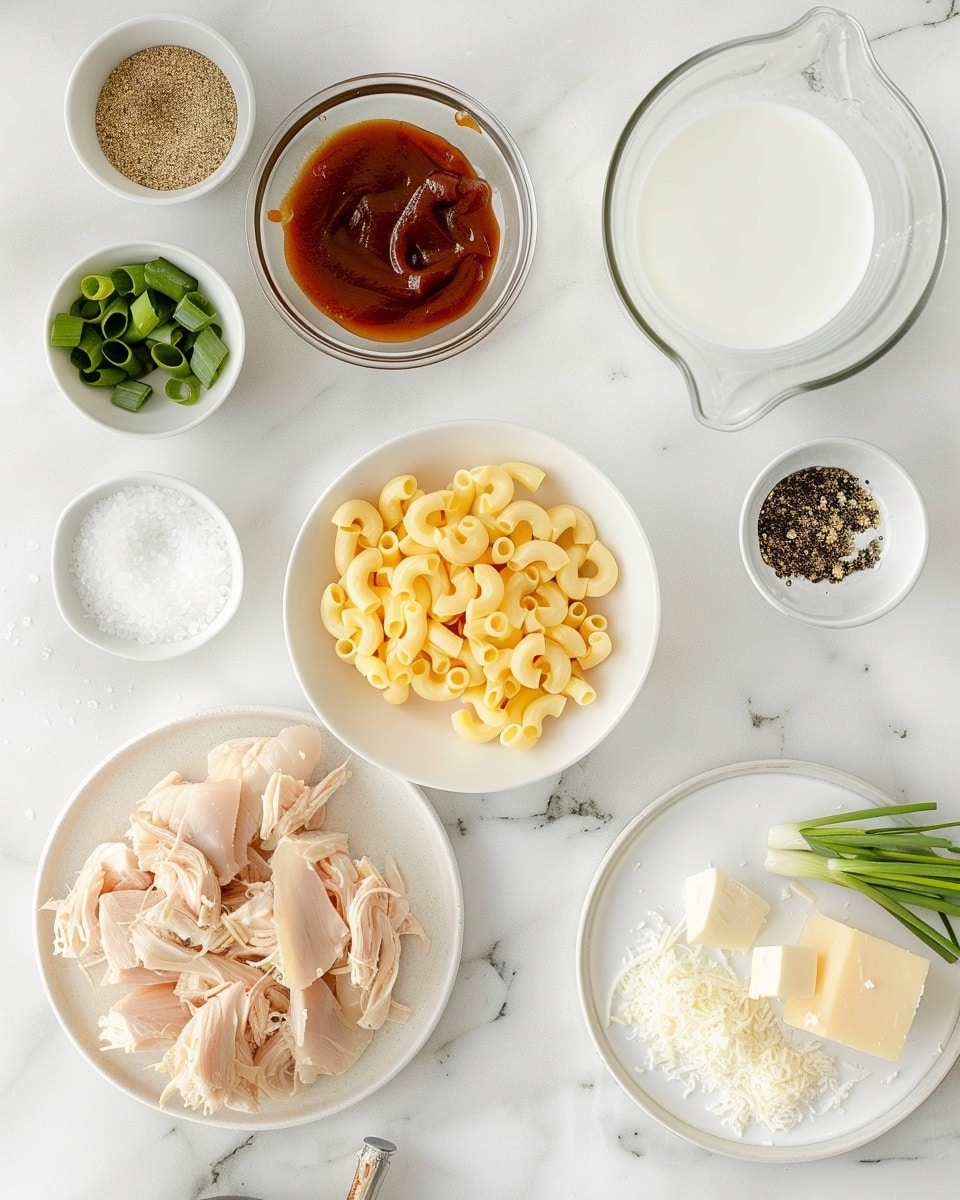Single white shallow bowl with a plated serving of cheesy chicken macaroni, showing a close-up view of tender cavatappi pasta thoroughly coated in melted cheddar cheese, topped with bite-sized pieces of seasoned chicken and drizzled with rich barbecue sauce, sprinkled with finely chopped green onions, positioned on a white marble surface with natural lighting highlighting the creamy texture and vibrant garnish, intimate food blog style photo taken with an iphone --ar 4:5 --v 7