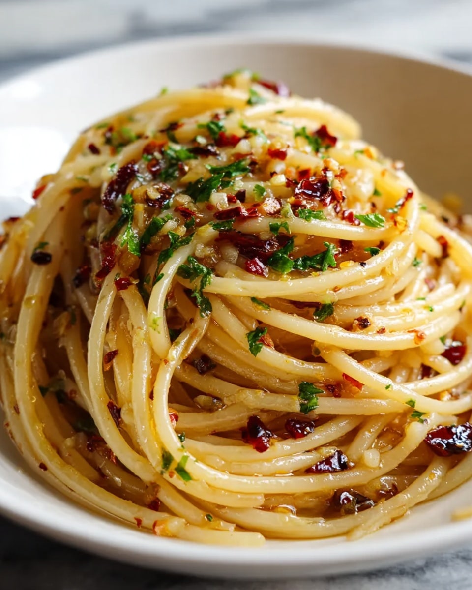 Large white serving bowl filled with a generous portion of spicy spaghetti aglio e olio, the pasta perfectly tossed with golden garlic slices, vibrant red chili flakes, and sprinkled with fresh green parsley, glistening with olive oil and freshly grated Parmesan cheese, whole dish shown from a professional 3/4 angle on a white marble countertop, natural lighting highlighting the rich textures of the noodles and seasonings, hero food magazine style photo taken with an iphone --ar 4:5 --v 7