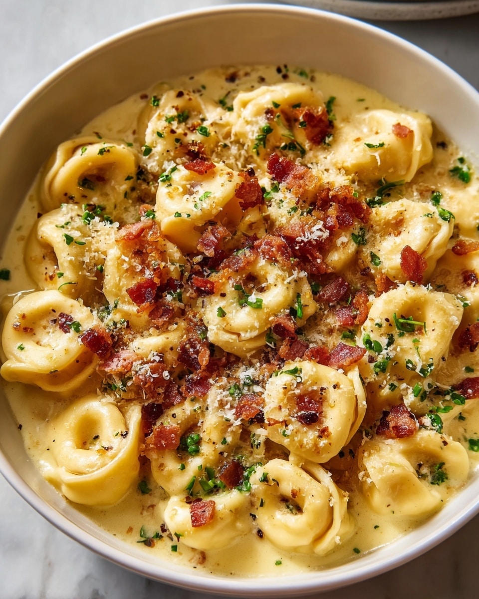A close-up image of a round white bowl filled with creamy tortellini pasta in a light yellow sauce. The pasta pieces form one main visible layer, each tortellini ring smooth and plump, covered with sauce. On top are scattered small bits of crispy browned bacon, green herb pieces, and a sprinkle of grated cheese creating a textured, slightly grainy look. The bowl sits on a white marbled surface, and warm natural light highlights the shiny sauce and golden colors. Photo taken with an iphone --ar 4:5 --v 7
