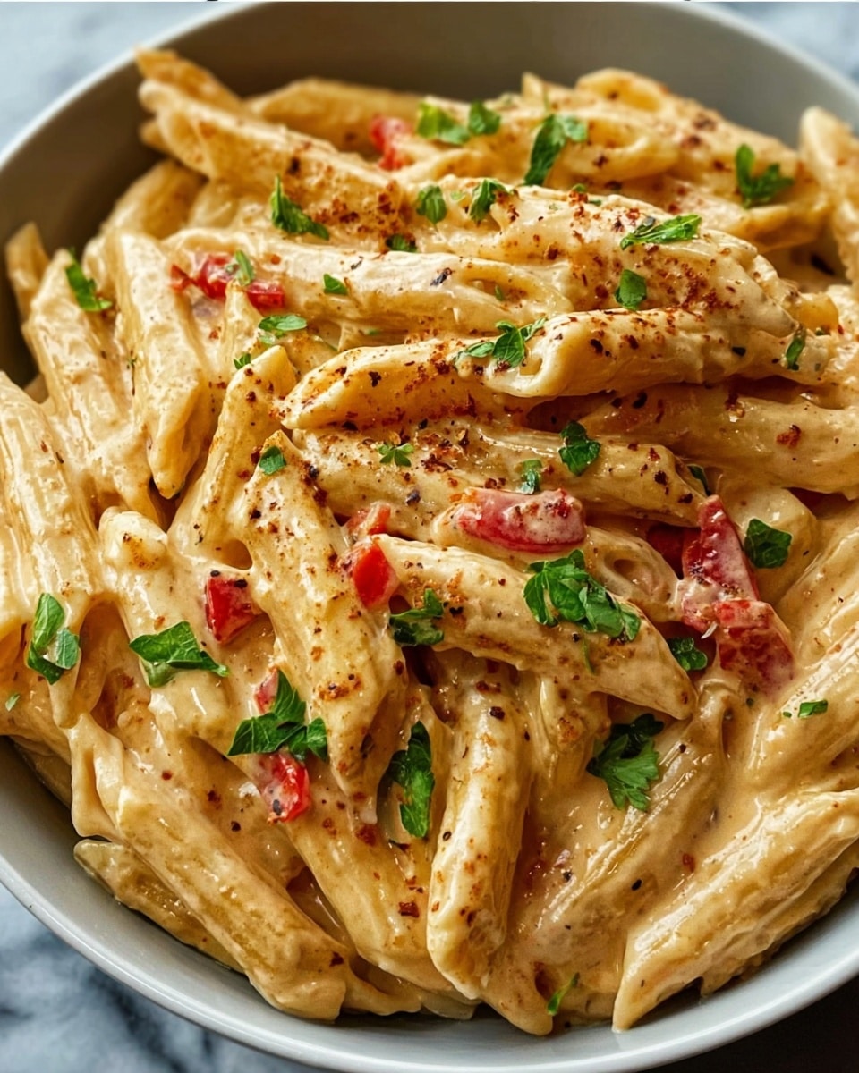 A close-up view of creamy penne pasta coated in a rich, light beige sauce, served in a white bowl. The pasta has a smooth, slightly shiny texture with small scattered pieces of red bell pepper and bits of black pepper visibly sprinkled on top. Fresh green parsley leaves are scattered across the dish, adding a touch of bright color. The background shows a white marbled surface. photo taken with an iphone --ar 4:5 --v 7