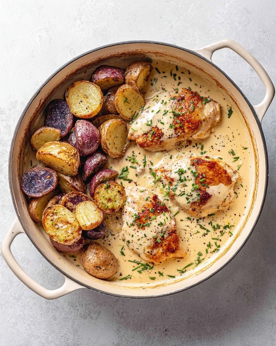 The dish shows a white plate with a black rim holding one piece of cooked chicken covered in a creamy light brown sauce with black pepper and small green herbs sprinkled on top. Next to the chicken are several small roasted potatoes in shades of golden brown and purple, also coated lightly with the same sauce and garnished with green herbs. A silver fork lies on the left side of the plate resting partly on the chicken. The plate is placed on a white marbled surface. Photo taken with an iphone --ar 4:5 --v 7