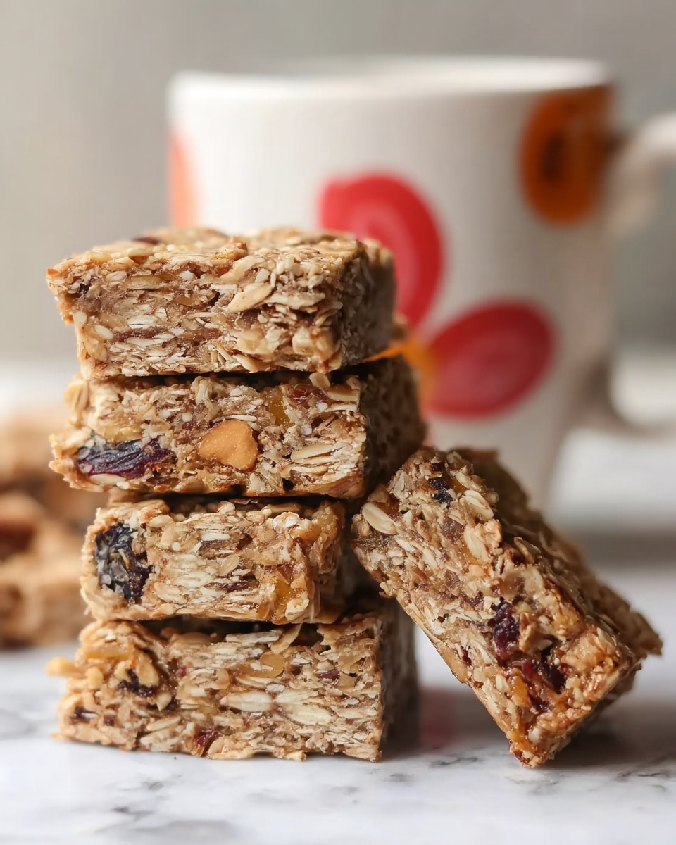 The image shows eleven square oat bars placed on a metal cooling rack over a white marbled surface. Each oat bar has a golden brown color with visible textured layers of oats, nuts, and small dark pieces spread evenly throughout. The tops are slightly rough with bits of oats and nuts sticking out, giving a crunchy look. The edges of the squares are clean but not perfectly sharp, showing a homemade touch. Photo taken with an iphone --ar 4:5 --v 7