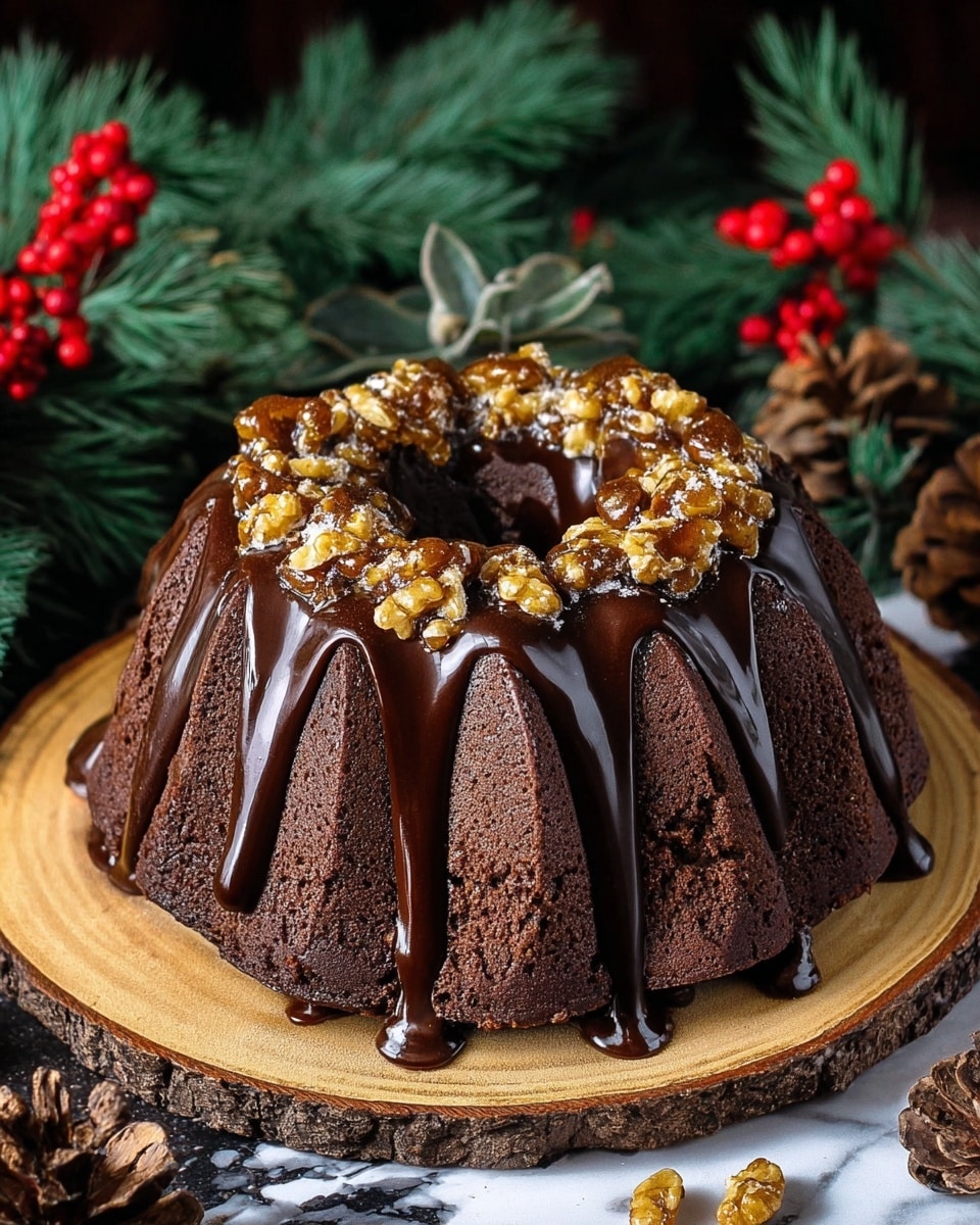 A dark brown Bundt cake with smooth, rich chocolate sauce thickly dripping down its curved sides, topped with a generous layer of shiny caramelized nut pieces clustered at the center, and a few extra nuts scattered around the base. The cake sits on a round wooden slab, surrounded by green pine branches, red berries, and pine cones, all placed on a white marbled surface with a dark background. Photo taken with an iphone --ar 4:5 --v 7