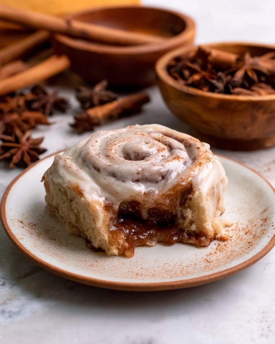 A cinnamon roll with one layer of soft, light brown dough swirled in a spiral shape, topped with a thick, creamy white icing sprinkled with cinnamon, sitting on a white plate. The inside shows a rich, dark brown syrup oozing out, adding a shiny texture to the center. In the background, wooden bowls filled with cinnamon sticks and star anise rest on a white marbled surface. Photo taken with an iphone --ar 4:5 --v 7