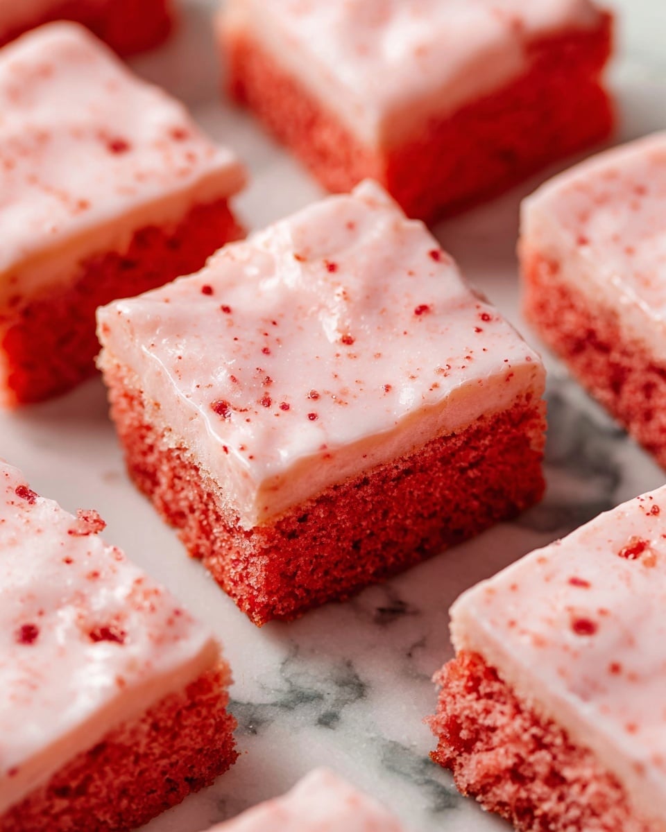 The image shows several square-shaped red cakes, each with two visible layers. The bottom layer is a bright red, soft cake with a crumbly texture, while the top layer is a lighter pink icing spread evenly with a smooth look and small red specks scattered throughout. The cakes are placed closely together on a surface with a white marbled texture. The edges of the cakes are straight but slightly uneven, showing a homemade quality. photo taken with an iphone --ar 4:5 --v 7