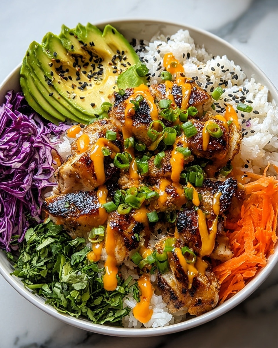 A white bowl filled with a base layer of white rice sprinkled with black sesame seeds, topped with grilled chicken pieces that have a caramelized, slightly charred look and are drizzled with bright orange sauce and chopped green onions. On one side, there are sliced avocado pieces with black sesame seeds sprinkled on them. Next to the avocado, there is shredded purple cabbage, finely chopped green herbs, and shredded bright orange carrots all neatly arranged. The bowl is placed on a white marbled texture. photo taken with an iphone --ar 4:5 --v 7