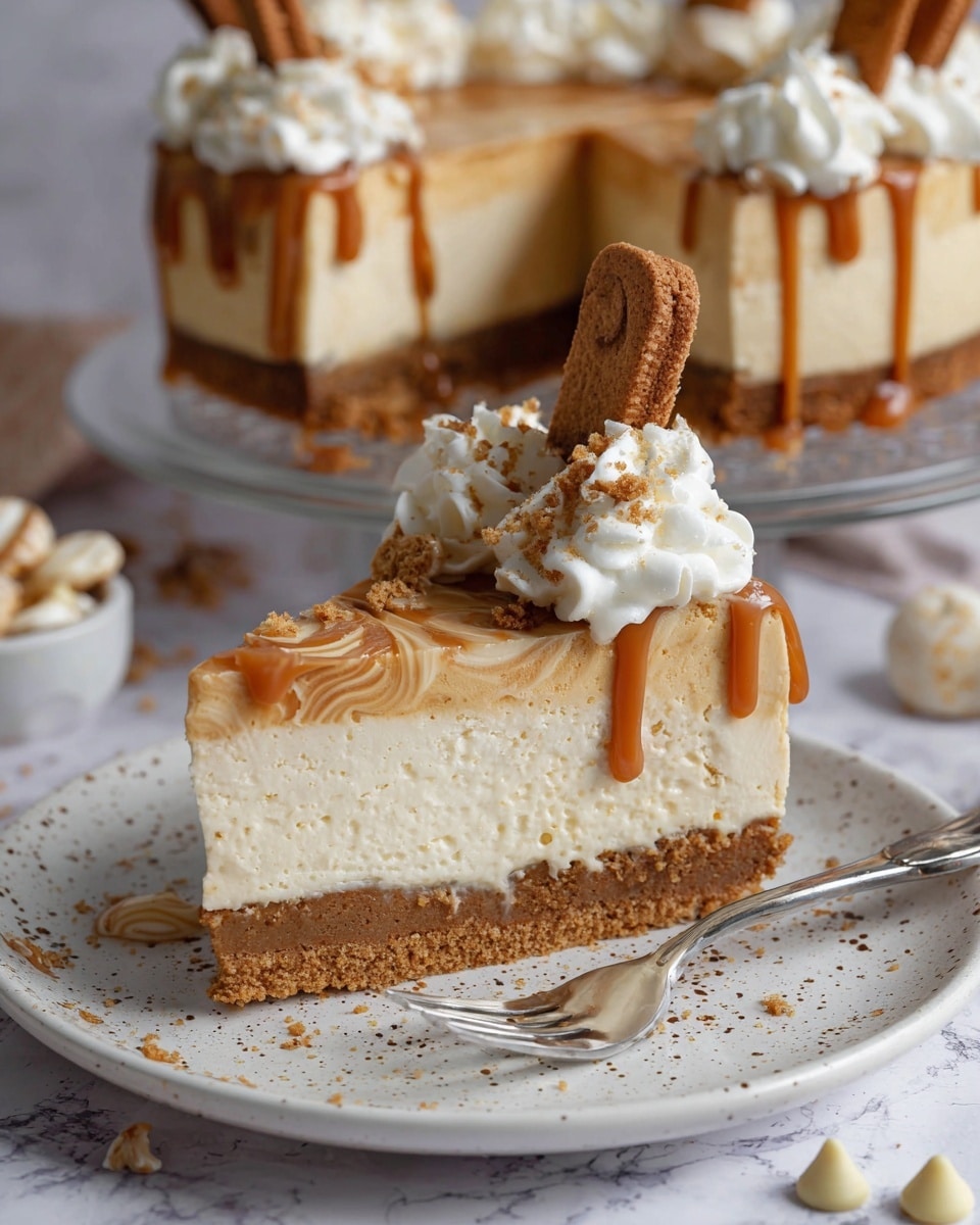 The image shows a close-up of a slice of creamy layered cake on a white plate with light brown scattered sprinkles. The cake has three main layers: a crumbly brown base, a thick off-white middle layer with small darker bits, and a thin caramel-colored layer on top with caramel sauce dripping down the sides. On top of the cake, there is a swirl of white whipped cream with white chocolate shavings, topped with a light brown rectangular cookie stuck upright and a few round white chocolate pieces scattered around. A silver fork rests on the edge of the plate, and in the background, a larger piece of the same cake is visible, sitting on a clear plate on a white marbled surface. photo taken with an iphone --ar 4:5 --v 7