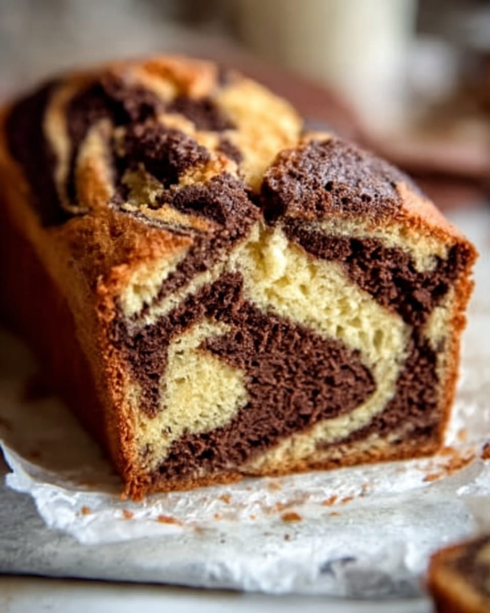 The image shows a loaf of marble cake placed on a white marbled surface with parchment paper underneath. The cake has two main layers inside: one light yellow layer with a soft texture and one dark brown layer that forms swirls and patterns throughout the cake, creating a marbled effect. The top of the cake has a slightly crispy, cracked brown crust. The focus is on the cut side of the loaf, showing the detailed mix of the two colors inside. The background is blurred but bright, giving a cozy feeling. Photo taken with an iphone --ar 4:5 --v 7