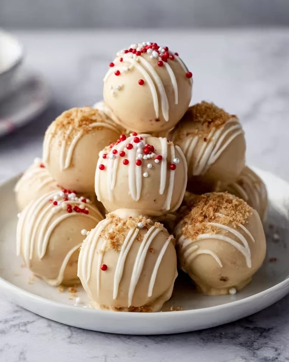 A white plate holds seven round cake balls, each covered in light beige smooth coating. They are arranged in a small pile on a white marbled surface, with some cake balls on top of others. Each cake ball is decorated with thin swirls of white drizzle and different toppings: small red and white round sprinkles on one, tiny white pearls on another, and light brown crumb-like bits on two others. The overall look is neat and inviting, with soft, creamy colors. Photo taken with an iphone --ar 4:5 --v 7