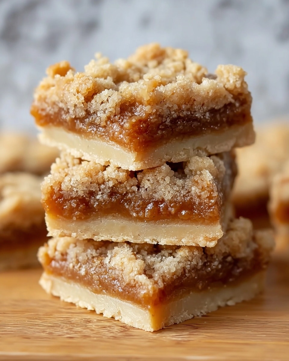 The image shows a close-up of three square dessert bars stacked on a white marbled surface. Each bar has three layers: a thick bottom layer of pale, firm dough; a middle layer of soft, brown filling with a slightly shiny texture; and a top layer of crumbly, golden-brown streusel with uneven, coarse pieces. The focus is sharp on the bars in the center, showing the textures of each layer clearly, with soft natural light highlighting the crumbly topping. Photo taken with an iphone --ar 4:5 --v 7