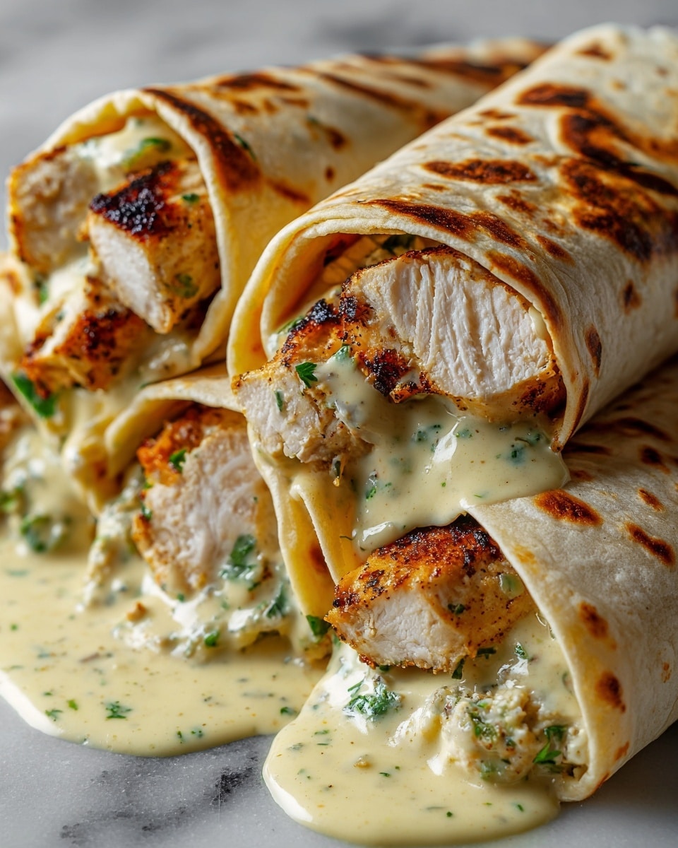The image shows two rolled flatbreads filled with large grilled chicken pieces and a creamy white sauce with green herbs mixed in. The flatbreads are golden brown with darker grill marks and are folded around the filling, revealing the chicken and sauce inside. The sauce looks smooth and creamy, covering the chicken well, and small green herb leaves are visible on the sauce and flatbreads. The rolls rest on a dark plate, and the background has a blurry, soft look with hints of green and red colors. Photo taken with an iphone --ar 4:5 --v 7