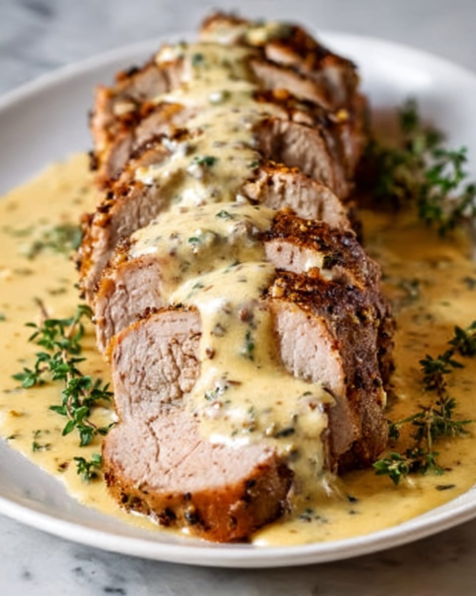 The image shows a sliced, cooked chicken piece with a crispy, golden-brown crust on top of a creamy light yellow sauce with herbs scattered all over. The chicken is cut into thick slices arranged in one line on a white plate, resting on the white marbled textured surface. A woman's hand is holding wooden chopsticks picking up one of the chicken slices, showing the juicy inside. The sauce pools around the chicken, adding a smooth texture to the plate. photo taken with an iphone --ar 4:5 --v 7