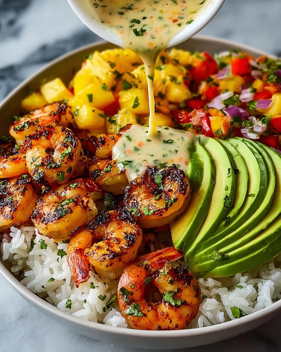 A close-up shows a white bowl filled with three main layers: the bottom layer is white rice, topped with grilled shrimp that are golden brown with black grill marks and green herb bits scattered on them, next to neatly sliced green avocado pieces arranged like a fan, and a colorful mix of diced yellow pineapple, red bell pepper, and red onion with green herbs mixed in. A creamy sauce with herb bits is being poured over the pineapple and shrimp from a white container. The bowl is placed on a white marbled surface photo taken with an iphone --ar 4:5 --v 7