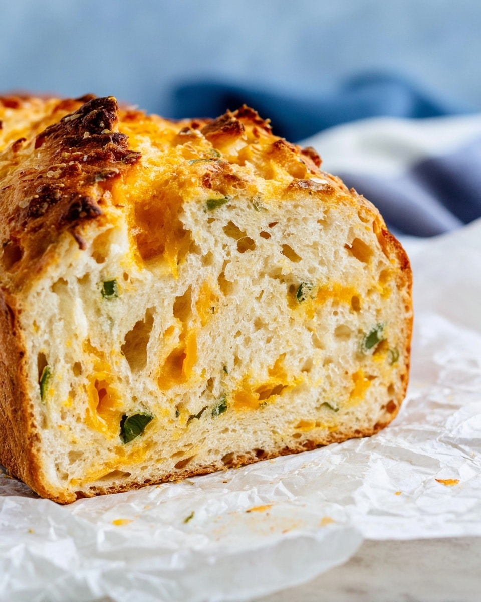 The image shows a close-up of a thick slice of cheese and jalapeño bread placed on crumpled white paper. The bread has a golden-brown crust on top with small crispy, bubbly textures. Inside, there are two main colors: a soft white bread with pockets of melted yellow-orange cheese and small green jalapeño bits mixed evenly throughout. The bread slice sits on a white marbled surface with a blurred blue and white background behind it. photo taken with an iphone --ar 4:5 --v 7
