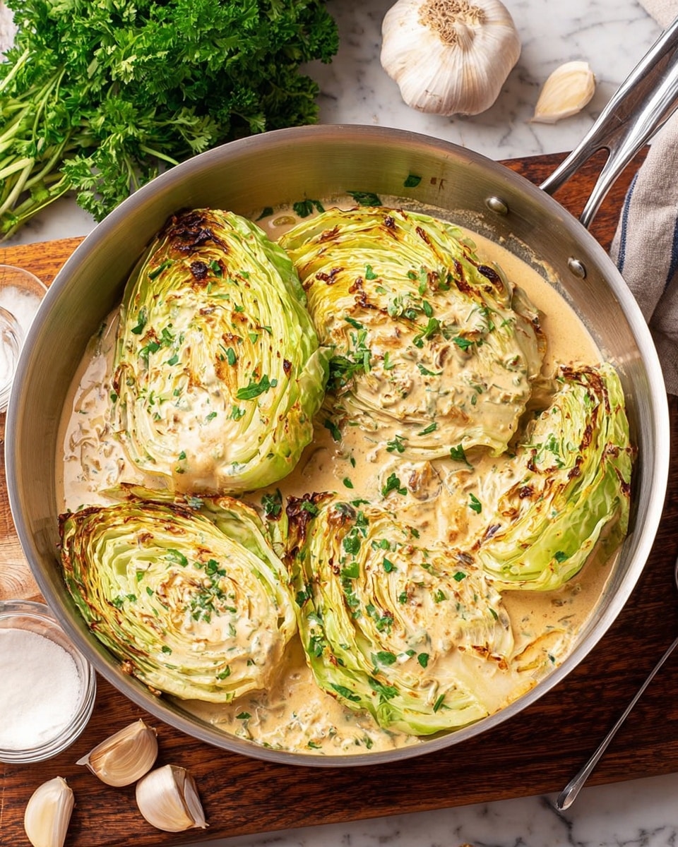 The dish shows one wedge of cabbage with multiple green and pale yellow layers, placed on a white plate with scalloped edges. The cabbage wedge is covered with a thick creamy sauce that has a light beige color with small green herb pieces and some darker reddish-brown spices. Some parts of the cabbage edges are browned and slightly charred. Fresh chopped green parsley is sprinkled on top and around the cabbage for garnish. The plate sits on a white marbled surface, with garlic bulbs and parsley leaves partially visible in the background. photo taken with an iphone --ar 4:5 --v 7