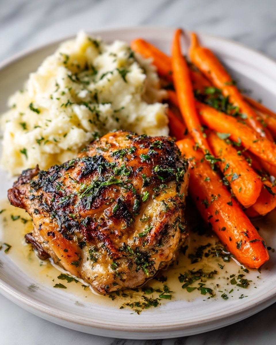 The image shows a grilled chicken thigh with crispy skin and herbs on top, placed in the center of a white round plate. On the right side of the chicken, there are bright orange cooked carrots sprinkled with green herbs. Behind the chicken, there is a serving of creamy mashed potatoes with small green herbs mixed in. All food is arranged neatly on the white plate, which sits on a white marbled surface. photo taken with an iphone --ar 4:5 --v 7