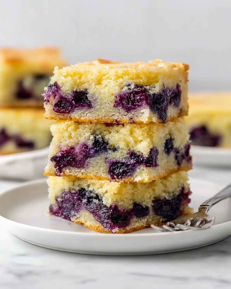The image shows a close-up of several square pieces of golden brown cake with a soft and slightly crumbly texture. Each piece has a light top layer with a slightly cracked surface and visible dark purple spots of berries or fruit inside. One square piece is placed on top of the others, showing that the inside is moist and full of small dark purple fruit bits. The cake is arranged on a flat white marbled surface. photo taken with an iphone --ar 4:5 --v 7