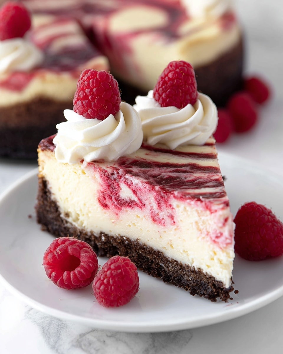 A cheesecake with three visible layers sits on a white plate over a white marbled surface. The bottom layer is a dark, crumbly crust, the middle layer is a smooth, light creamy color, and the top layer features a deep red and white swirl pattern creating a marbled effect. Around the edge of the cheesecake, there are dollops of white whipped cream, each topped with a single fresh red raspberry. One triangular slice is removed and slightly pulled away, showing the clean edges of all three layers. Photo taken with an iphone --ar 4:5 --v 7
