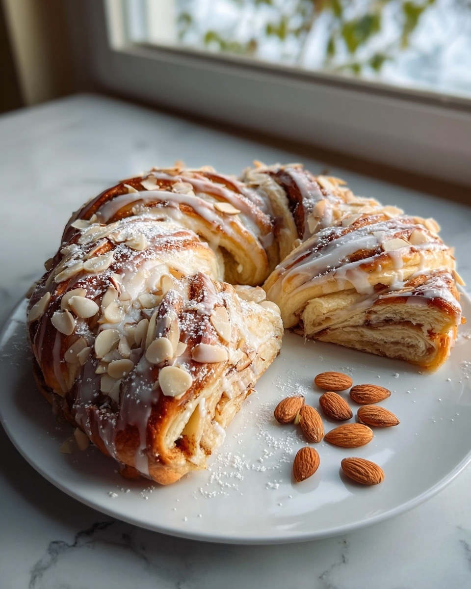 Two large crescent-shaped pastries sit side by side on a white plate, resting on a white marbled surface near a window that lets in warm natural light. Each pastry has many thin, golden-brown flaky layers that look soft and slightly shiny. White icing is drizzled across the top, and thin, light beige almond slices are scattered over both pastries. A few whole almonds and a light dusting of powdered sugar decorate the plate around the pastries. The whole scene looks cozy and inviting, with soft shadows from the sunlight. Photo taken with an iphone --ar 4:5 --v 7