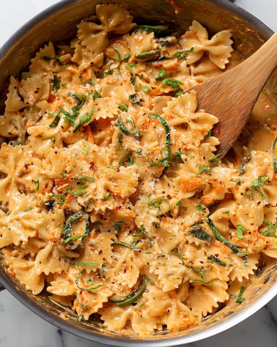 A white bowl filled with farfalle pasta coated in a creamy orange sauce, mixed with small pieces of vegetables, sits on a larger white plate. On top of the pasta are two rows of sliced light brown cooked chicken pieces, sprinkled with red chili flakes and fresh green herbs. A silver fork rests on a pale green cloth napkin beside the bowl. The background is white marble with subtle grey veining. Photo taken with an iphone --ar 4:5 --v 7