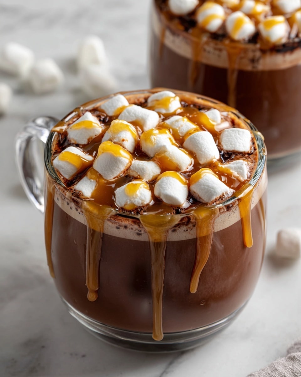A clear glass cup filled almost to the top with smooth, rich brown hot chocolate. On the top layer, there are large white marshmallows arranged in a circle, covered with thick dark brown chocolate sauce dripping slightly down the sides of the cup. In the center, a sprinkle of light brown cocoa powder is topped with small pieces of pale beige nuts, adding texture. The cup is placed on a white marbled surface, with a few nut pieces scattered around it. Photo taken with an iphone --ar 4:5 --v 7