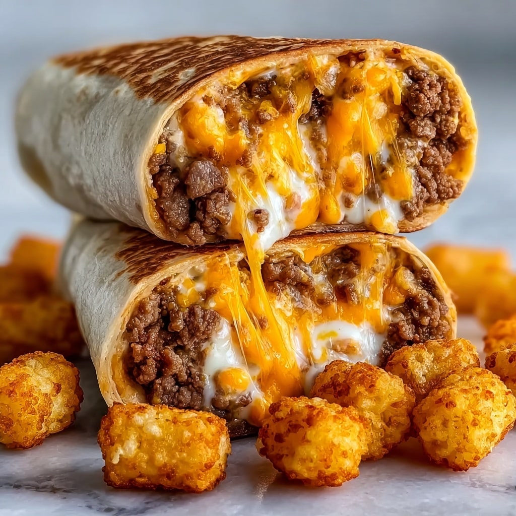 Two burrito halves are stacked on a white marbled surface, each showing layers inside. The bottom layer is a golden-brown soft tortilla with grilled spots. Inside, there is a layer of cooked ground beef with a slightly crumbly texture and dark brown color. Above the beef is melted white and orange cheese, creamy and stringy, blending with the beef. On top, there are crispy golden brown tater tots packed closely together. Around the burritos are more tater tots scattered on the white marbled surface. The focus is on the front burrito half, showing the filling clearly. Photo taken with an iphone --v 7