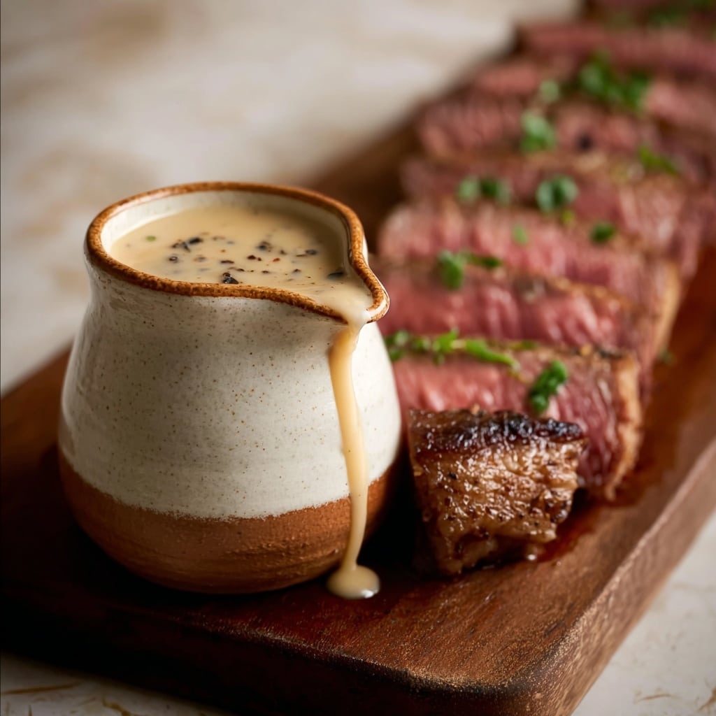The image shows a medium-rare steak sliced into five thick pieces arranged on a rustic dark wooden surface. The steak has a browned, seared outer edge with a juicy pink center. A creamy light beige sauce with a smooth, slightly chunky texture is poured generously over the middle three slices, topped with small green parsley leaves for garnish. One steak slice is lying separately in the foreground, showing the pink inside clearly. In the background, slightly out of focus, there is a white bowl with more sauce inside on the white marbled surface. photo taken with an iphone --v 7