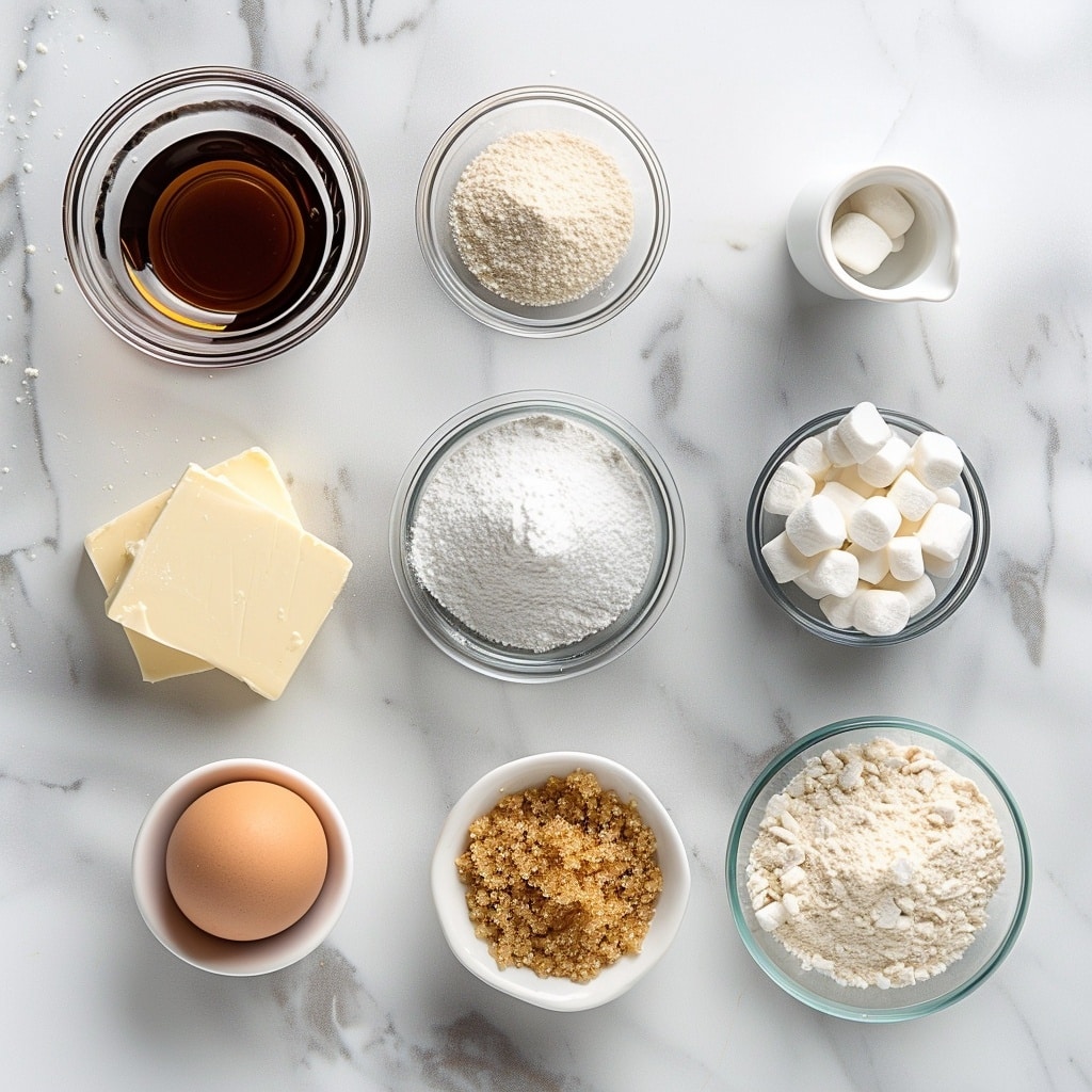 A close-up view of a single round cookie broken in half, placed on a white marbled surface. The cookie has a golden-brown color with a slightly crisp edge and a chewy, textured center that contains visible sugar crystals on top. Between the two halves, there are stretchy, melted white marshmallow strands connecting them, creating a gooey effect. The surface of the cookie shows a soft, chewy texture with some browned spots from baking. photo taken with an iphone --v 7