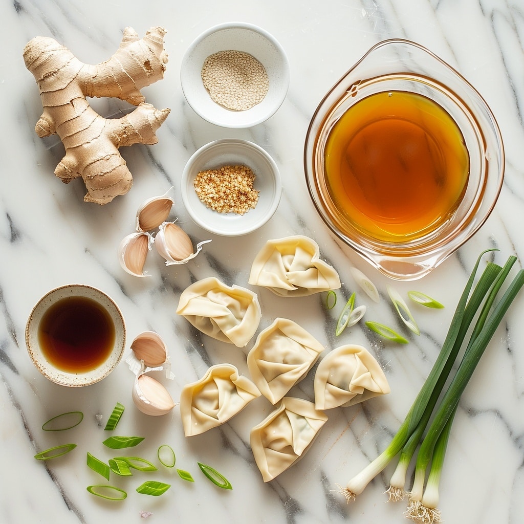 A white bowl filled with clear brown broth, containing about seven folded dumplings with smooth, pale beige skins floating in it. Scattered on top of the dumplings and broth are bright green chopped scallions and small reddish-brown chili flakes, adding color contrast and texture. The bowl rests on a dark wooden plate, set against a white marbled surface. The photo is taken from above, showing all the elements clearly. photo taken with an iphone --v 7