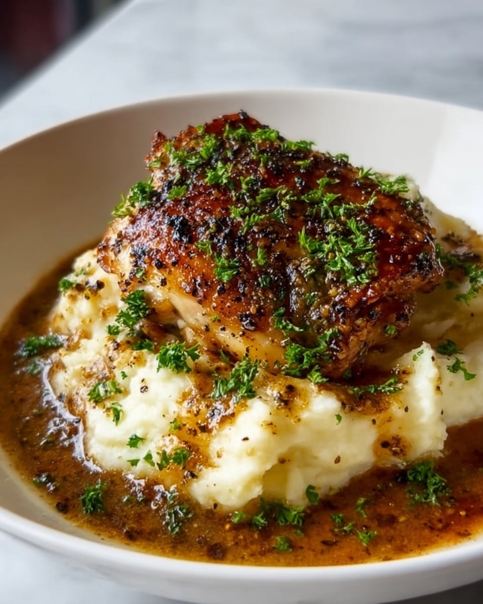 A large white serving platter featuring an entire herb-crusted roasted chicken, richly seasoned and golden brown with a crispy crust, nestled on a generous bed of fluffy, creamy mashed potatoes drizzled with savory brown gravy, garnished with chopped fresh herbs, the whole dish beautifully arranged to showcase the hearty comfort food at its most complete and inviting state, photographed from a 3/4 angle on a white marble countertop with natural lighting, professional food styling photo taken with an iphone --ar 4:5 --v 7